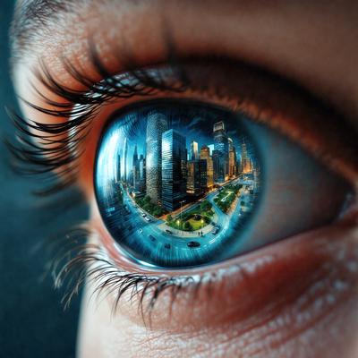The primary subject of the image is a person's eye, which is captured in a close-up view. The eye is surrounded by a reflection of a cityscape, creating a unique and artistic visual effect. The setting is a city environment, with tall buildings and streets visible in the reflection. The visual style is a combination of a photo and digital art, as the eye and the cityscape are both captured in a single image. The colors and mood of the image are predominantly dark, with the eye and the